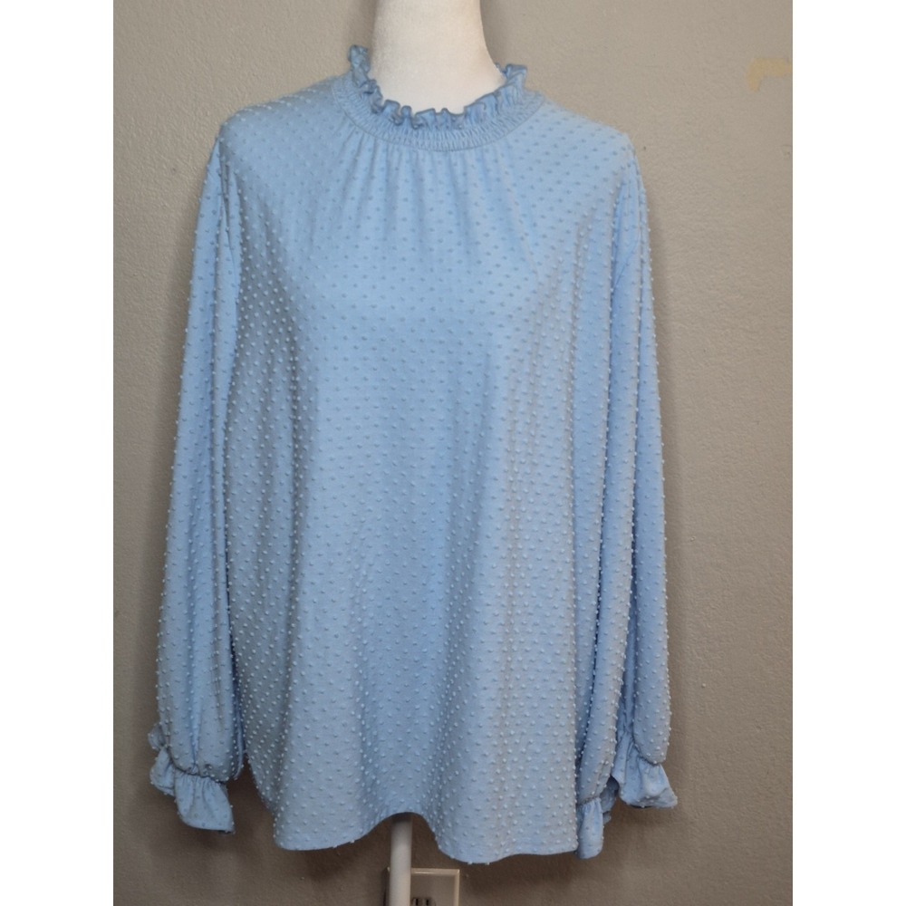 J.Crew XXL Light Blue Swiss Dot Mock Neck Blouse Long Sleeve Textured Top Career - Picture 3 of 7